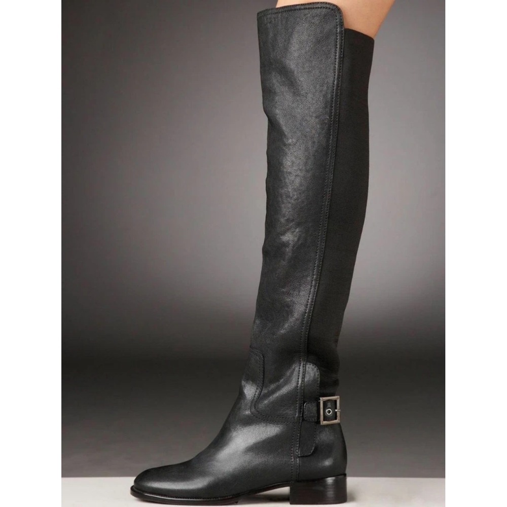 Tory‎ Burch Black Leather Over The Knee Stretch Back Buckle Boots Low Heel